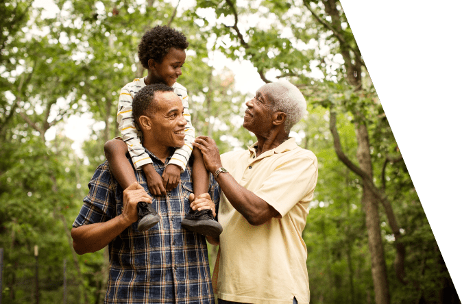 Smiling multigenerational family standing in forest