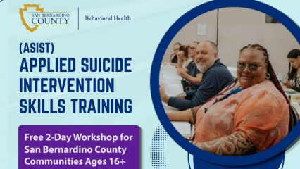 Graphic promoting ASIST suicide intervention training with workshop details and a classroom photo.
