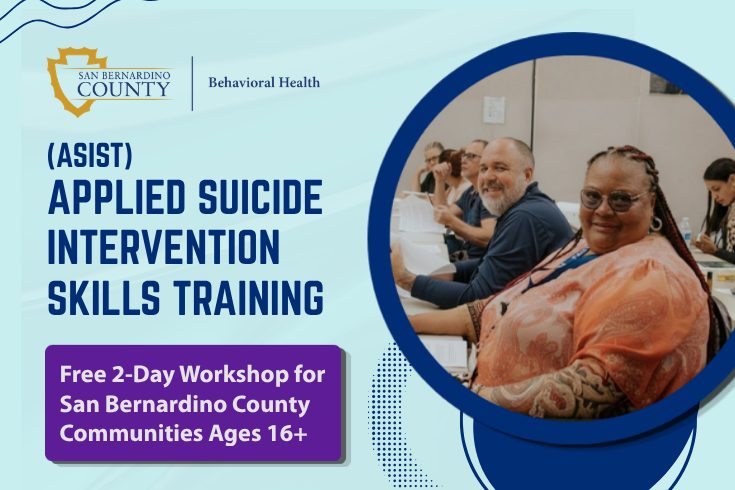 Graphic promoting ASIST suicide intervention training with workshop details and a classroom photo.