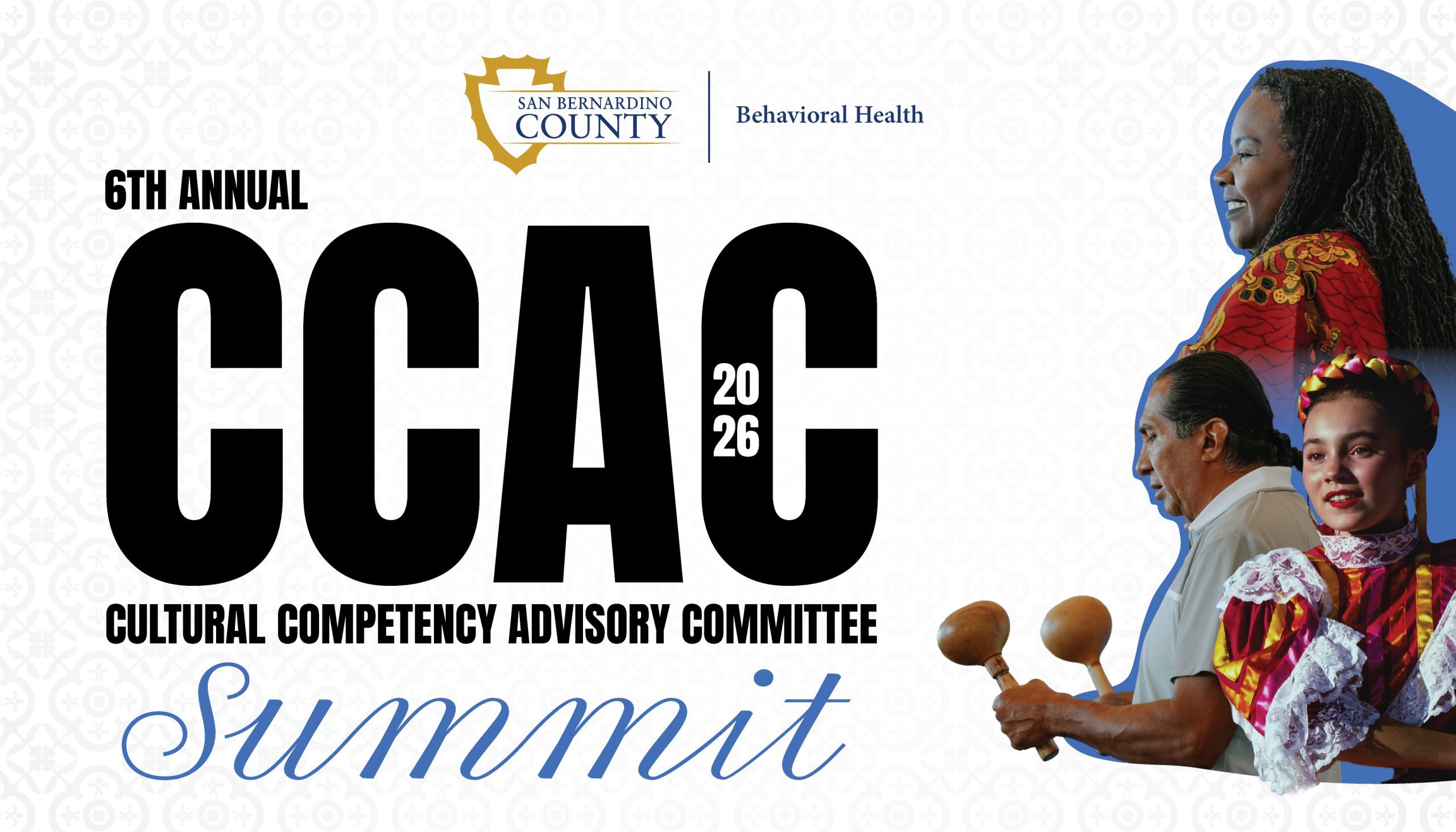 Cultural Competency Advisory Committee (CCAC) Summit, woman speaking, indengenous man with music instrument, Mexican folkloric dancer