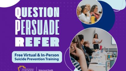 A graphic promoting “Question, Persuade, Refer,” featuring large bold text on a purple background. Below the main heading, a label reads “Free Virtual & In-Person Suicide Prevention Training.” The San Bernardino County Behavioral Health logo appears at the bottom. On the right side, two circular photos show individuals participating in a classroom-style training session, including a presenter standing at the front of the room and attendees seated at tables with notebooks and drinks.