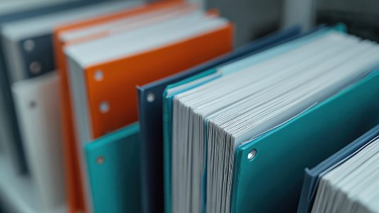 A row of unbound folders on a shelf