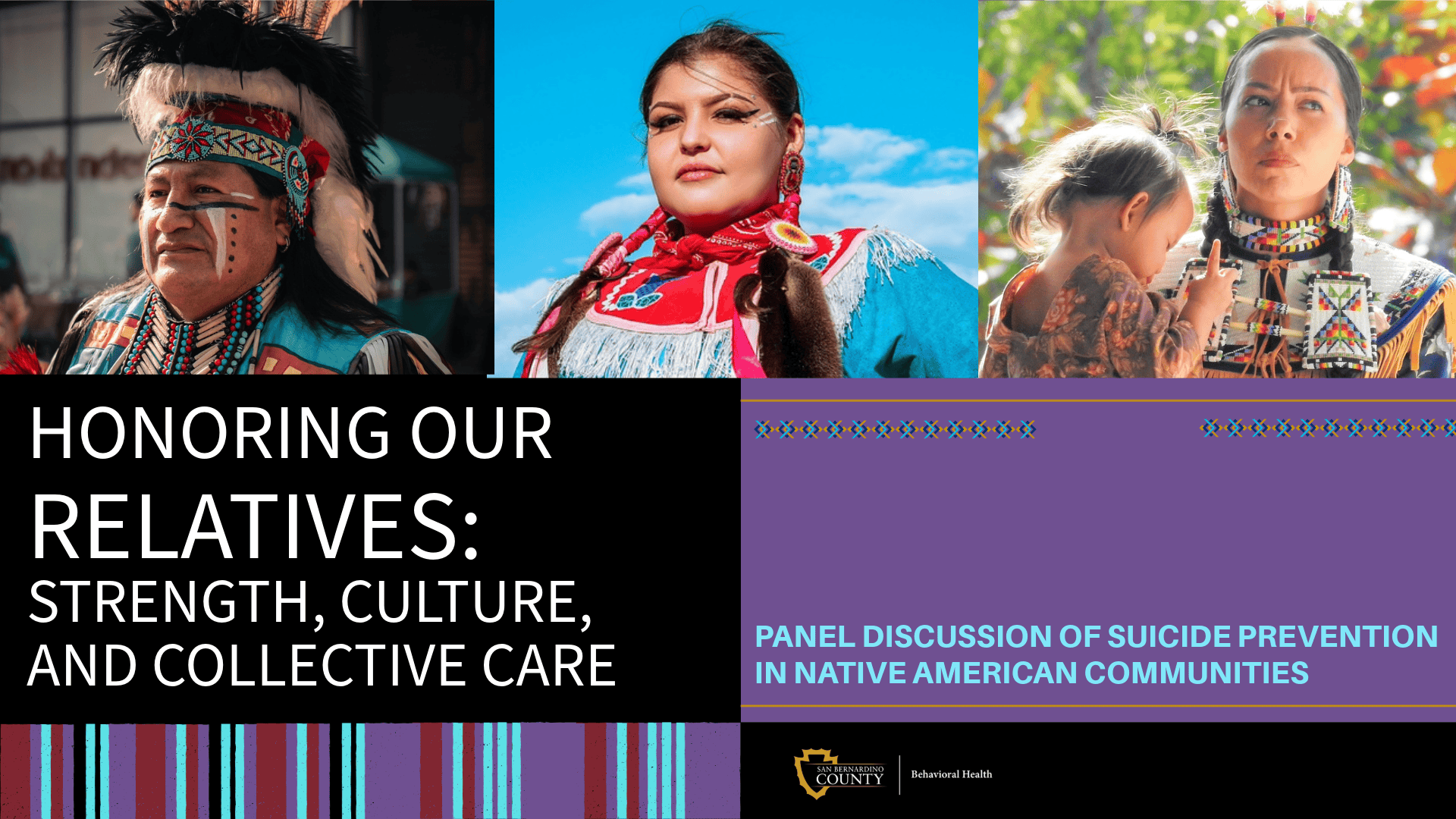 Images of individuals in traditional attire with text promoting a discussion on honoring relatives and suicide prevention.