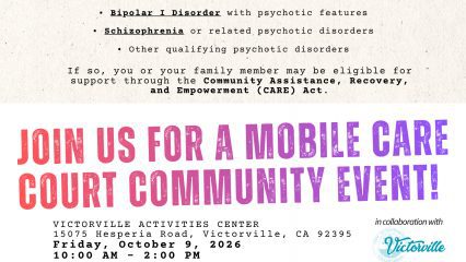 Mobile CARE Court event flyer with date, time, Victorville location, services offered, and QR code for more information.