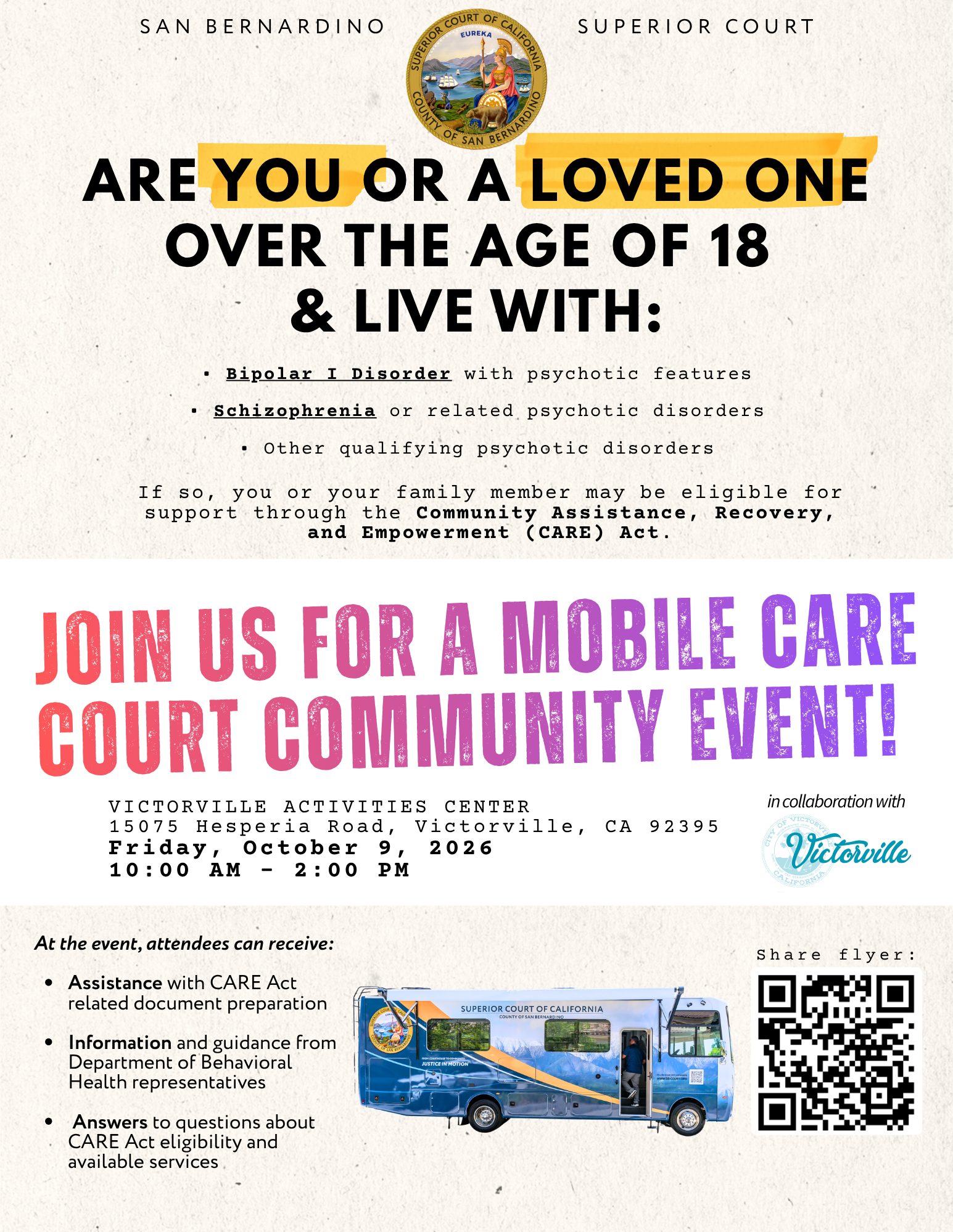 Mobile CARE Court event flyer with date, time, Victorville location, services offered, and QR code for more information.