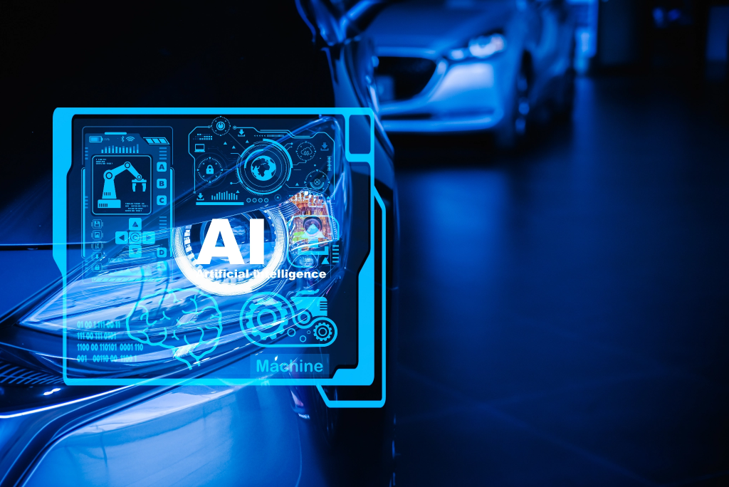AI CAR fix Technology AI fix car repair on car Lift in garage dealership Fix the car with a touch touching UI screen interface point to the point cor