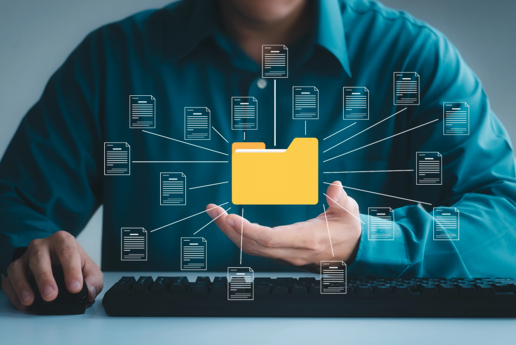 Document management system concept, business man holding folder and document icon software, searching and managing files online document database,