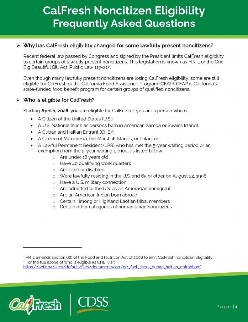 CalFresh noncitizen eligibility frequently asked questions - English flyer, page 1
