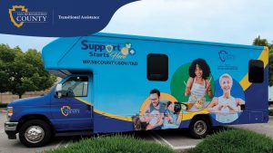 A blue and teal San Bernardino County Transitional Assistance Department mobile office parked in a lot. The vehicle wrap features the slogan "Support Starts Here" along with the website "WP.SBCOUNTY.GOV/TAD." Large images of smiling people, including a family, a woman preparing food, and an older adult making a heart with her hands, are displayed on the side.