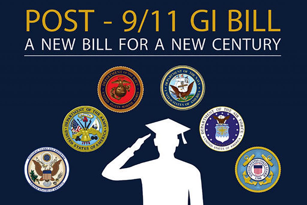 Post 9/11 GI Bill with person saluting and wearing a graduation cap surrounded by the seals of the six different branches of the military.