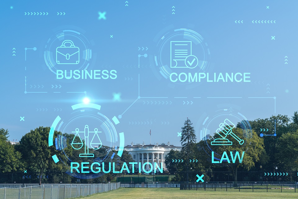 The White House, Washington DC, USA. Executive branch. President administration. Glowing hologram legal icons. The concept of law, order, regulations and digital justice